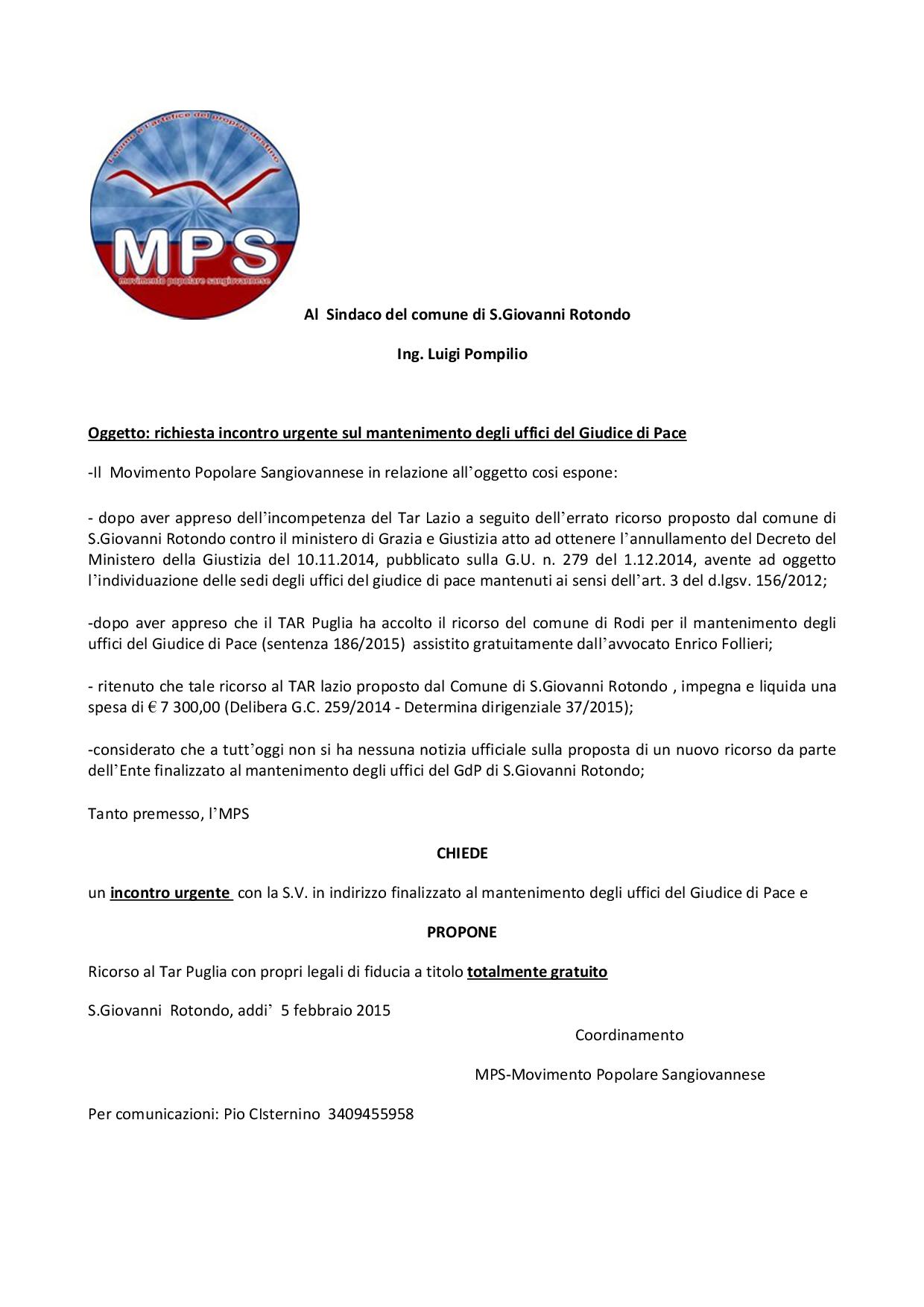 MPS - richiesta incontro per Giudice di pace