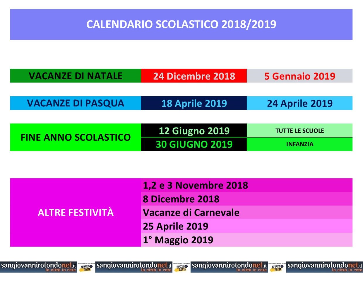 calendario scolastico 2018/2019