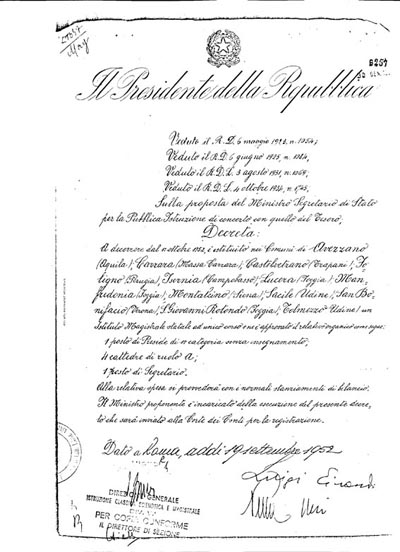 Istituto Magistrale Statale - D.P.R. istitutivo 19 settembre 1952 - Presidente della Repubblica Luigi Einaudi