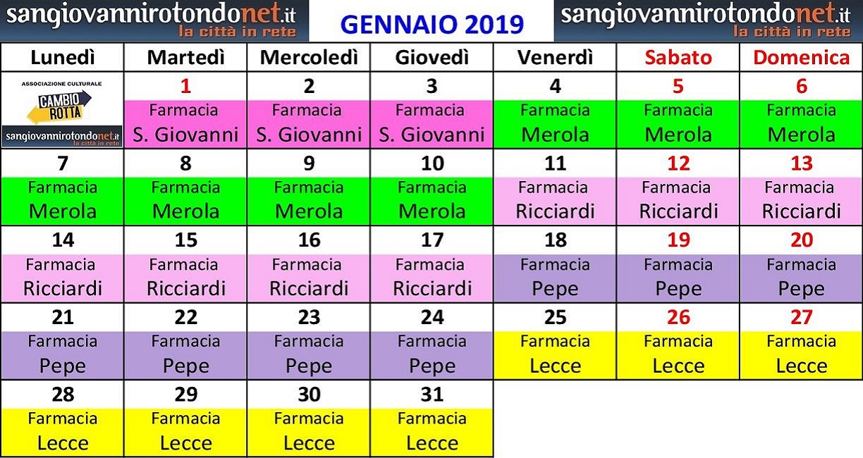 TURNI FARMACIE - Gennaio 2019