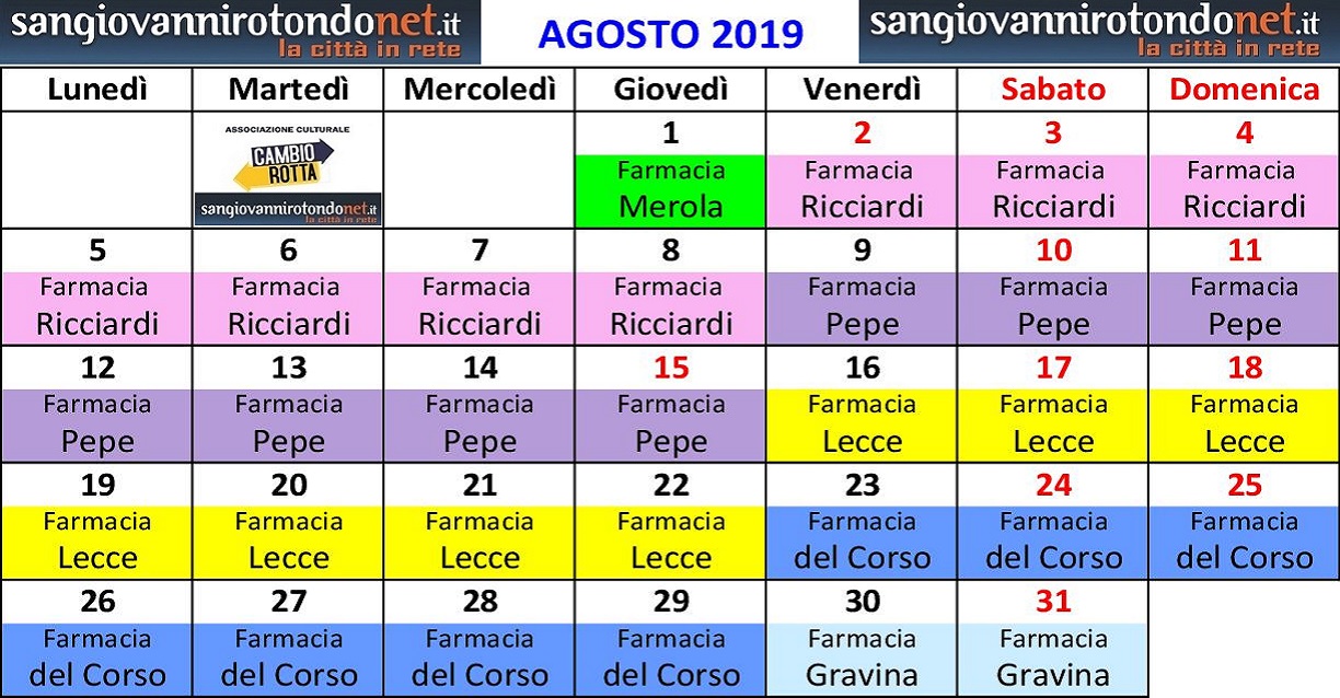 TURNI FARMACIE - Agosto 2019
