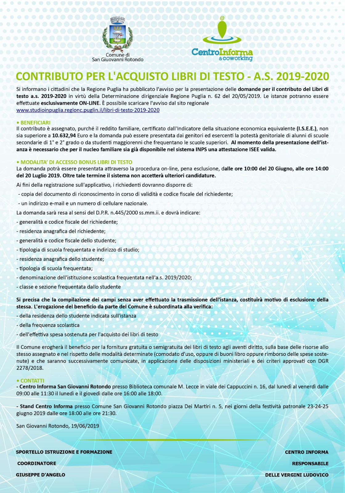 Avviso Pubblico Diritto allo Studio - Fornitura libri di testo per l'anno scolastico 2019/2020 - manifesto